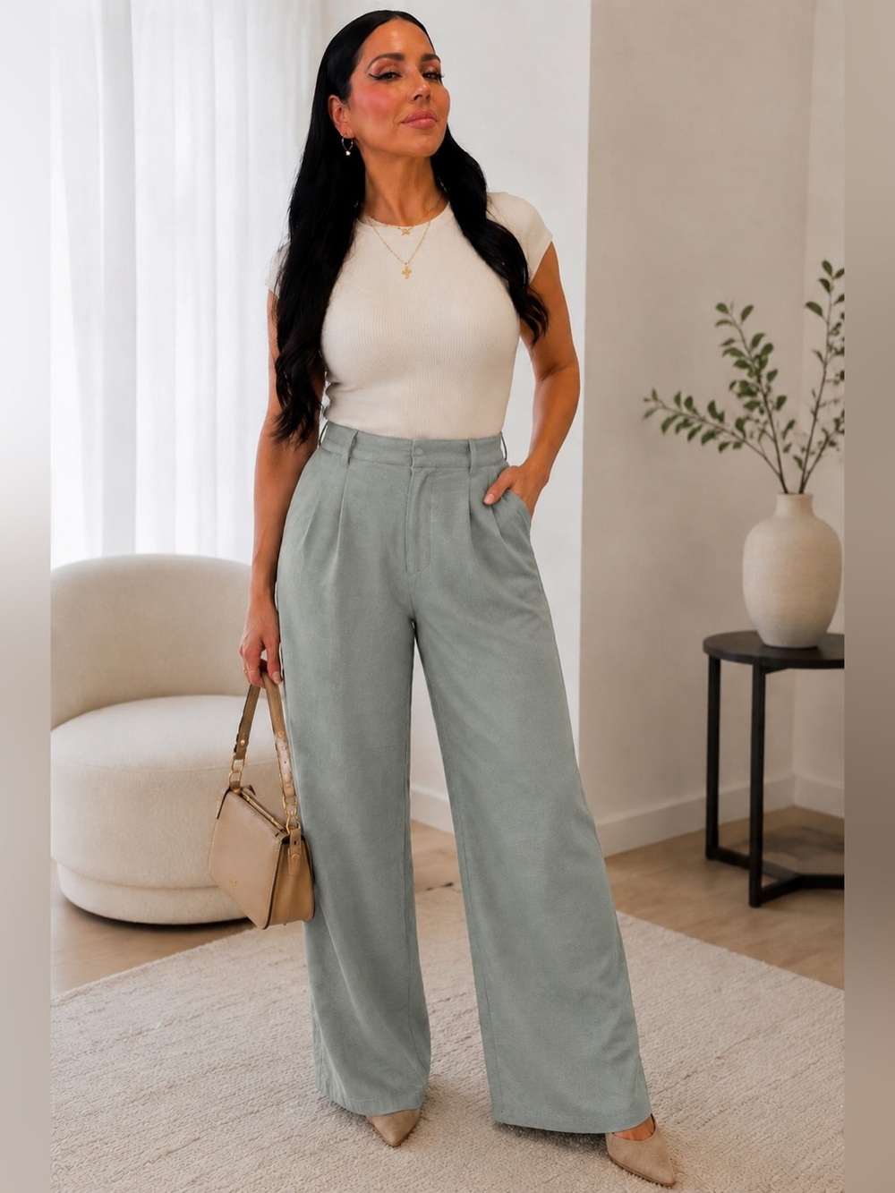 House of Harlow 1960 Wide-Leg Trousers in Sage Minimalist Quiet Luxury, Modern